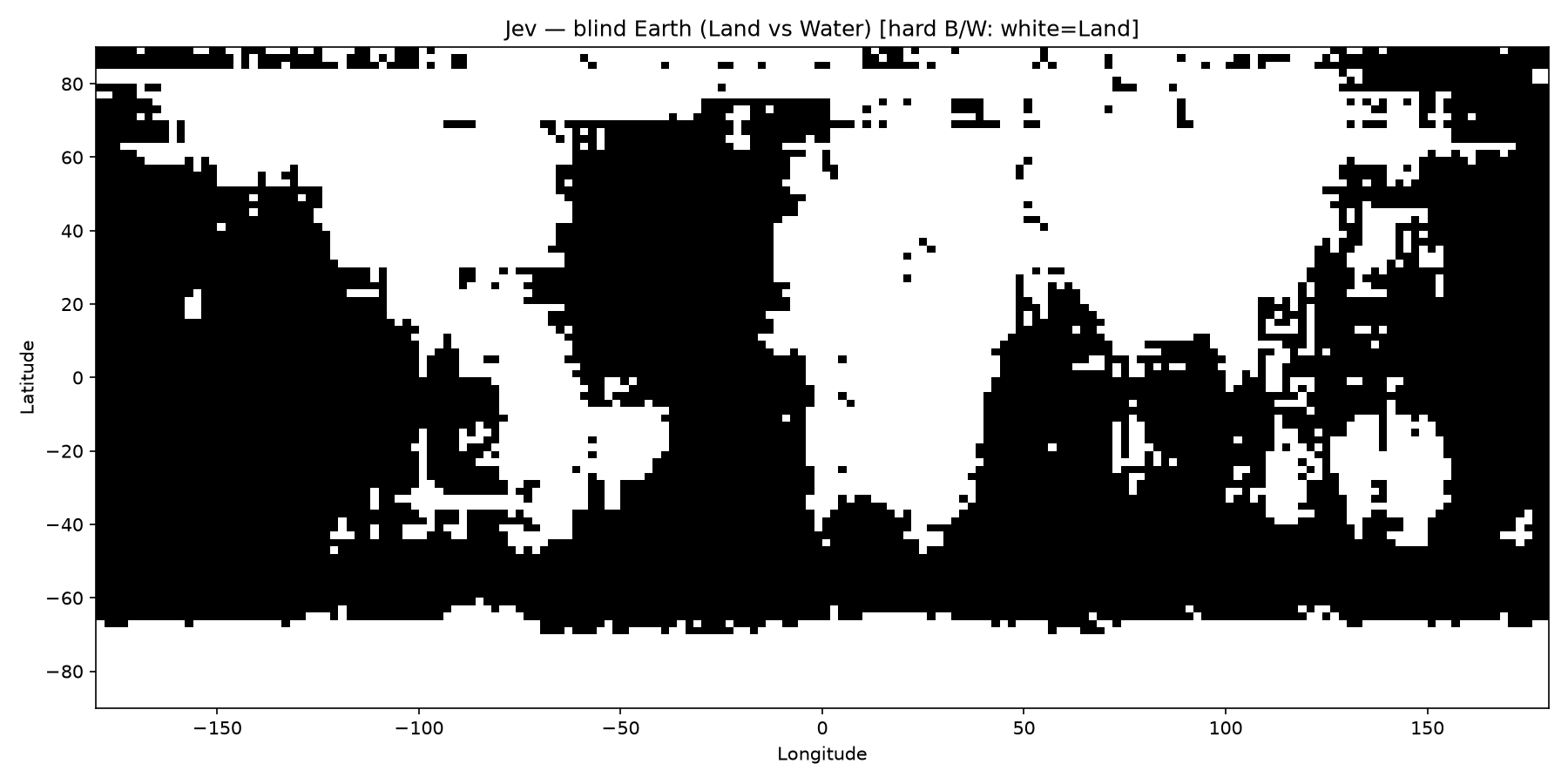 Jev blind Earth — hard B/W, white=Land